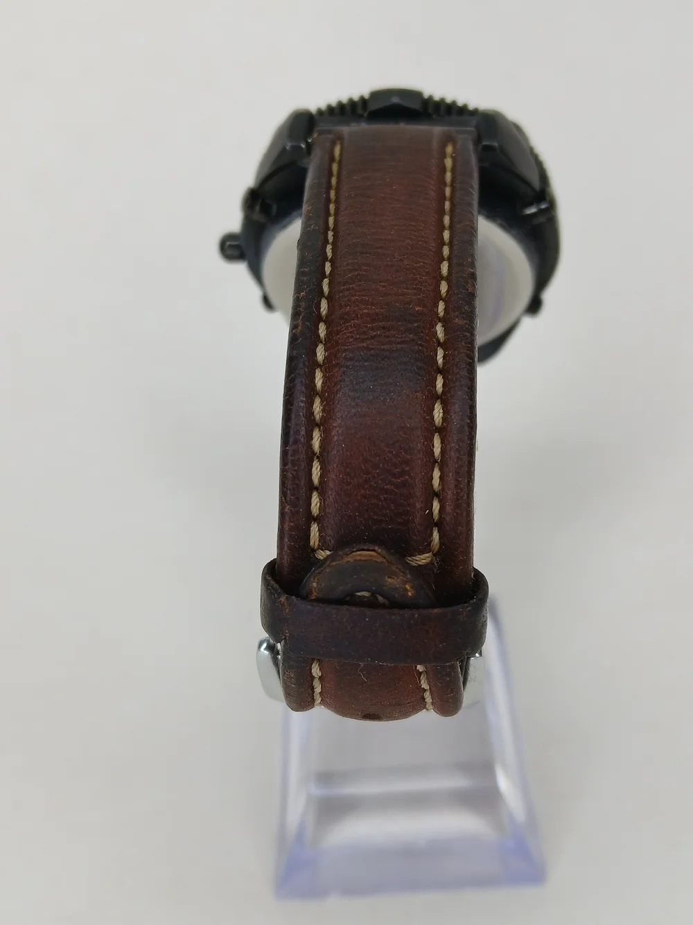 ​Vintage Mens Dual Display Quartz Alarm Chrono Watch Tachymeter Bezel Brown Band